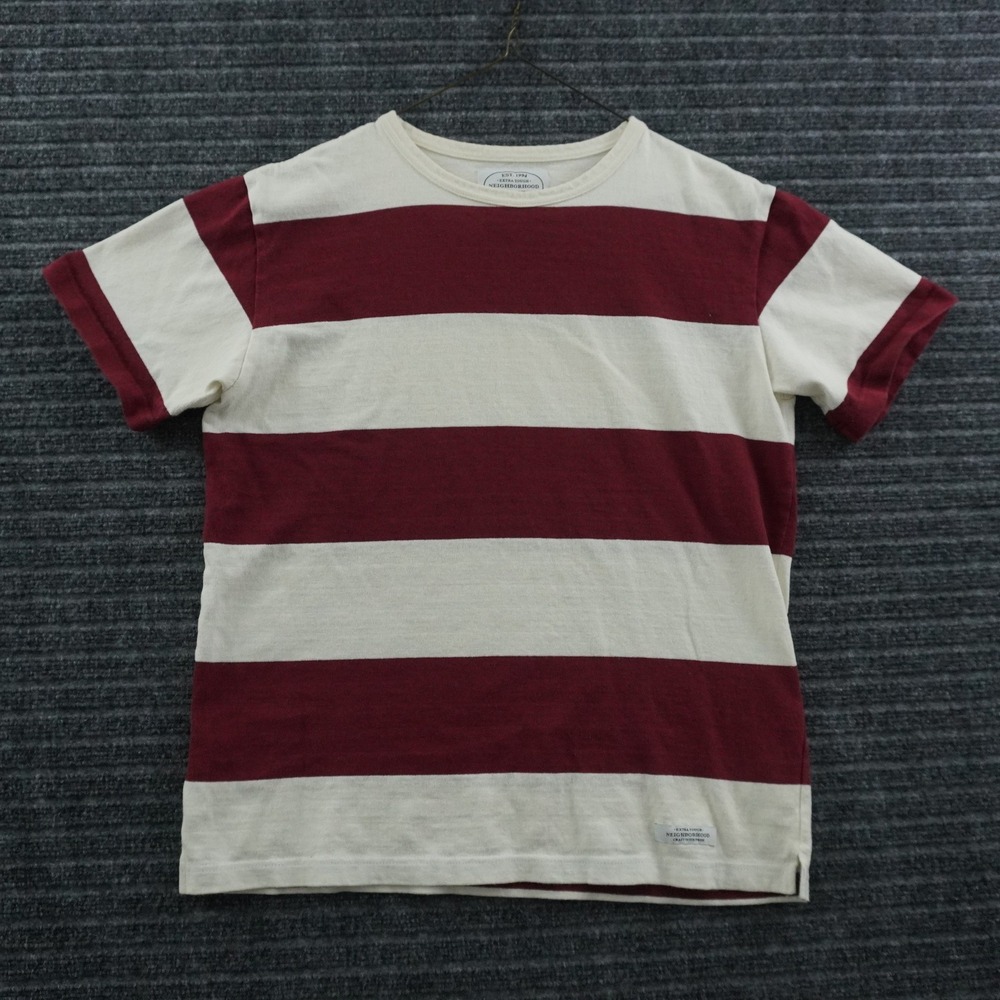 Neighborhood Striped T-Shirt Mens L Cream Burgundy Made in Japan Heavy Cotton